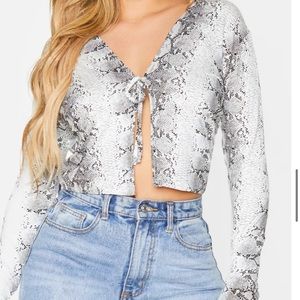 Grey Snake Rib Tie Front Crop Top